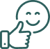 Icône d'un visage souriant avec un pouce levé, symbolisant l'approbation, la satisfaction ou un avis positif.