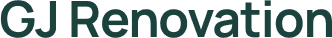 Logo GJ Renovation, texte vert foncé sur fond noir. Spécialiste en rénovation de bâtiments.