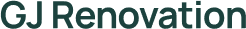 Logo texte GJ Renovation en vert foncé sur fond noir, identité visuelle pour une entreprise de rénovation.