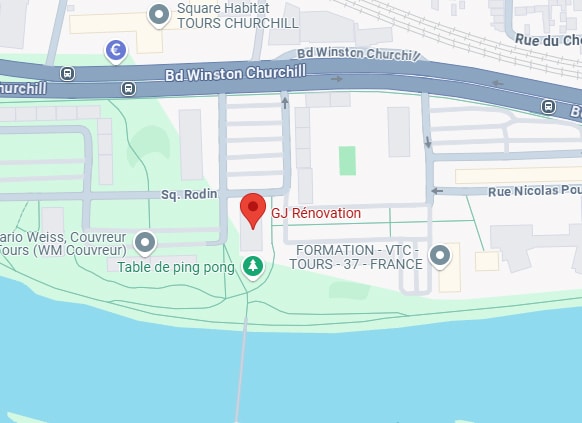 Carte de Tours, France, centrée sur GJ Rénovation près de Bd Winston Churchill et Sq. Rodin, avec d'autres entreprises et la Loire.