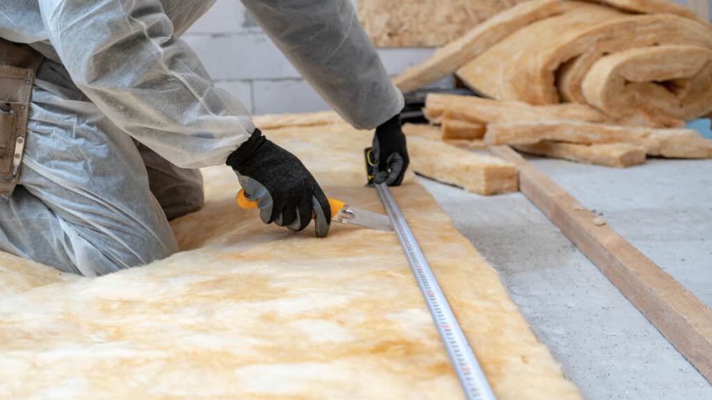Ouvrier en combinaison protectrice coupant un rouleau d'isolation thermique (laine minérale) avec un couteau et un mètre. Matériaux de construction autour.