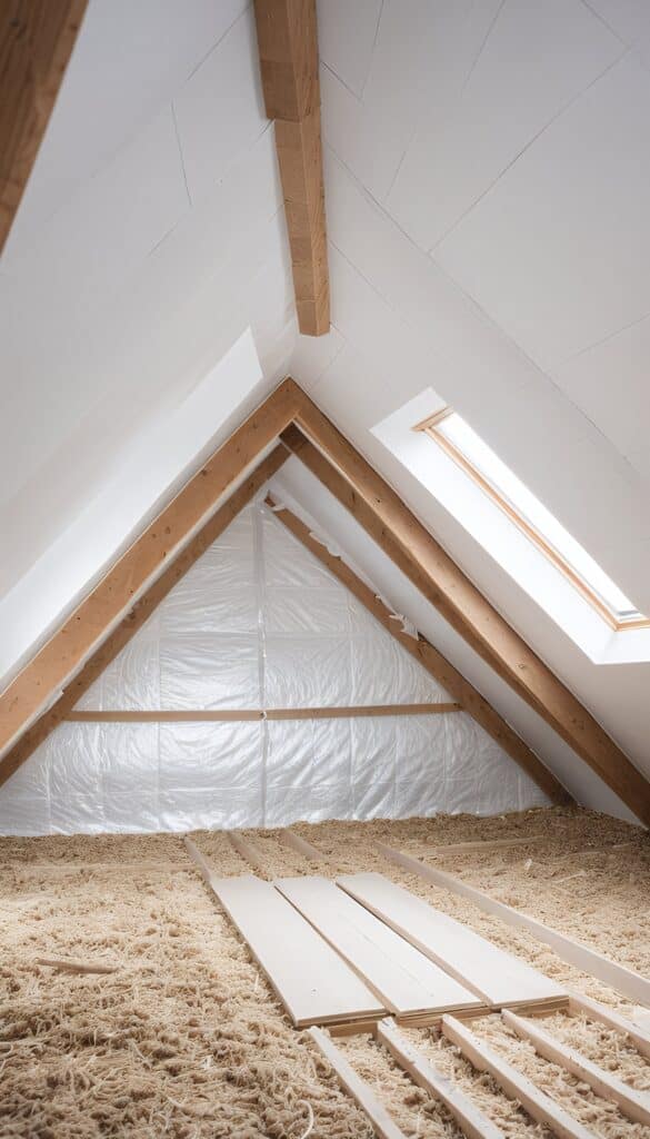 Combles aménagés avec isolation naturelle et charpente bois apparente. Lucarne et plaques de plâtre au plafond. Sol couvert d'isolant fibreux.
